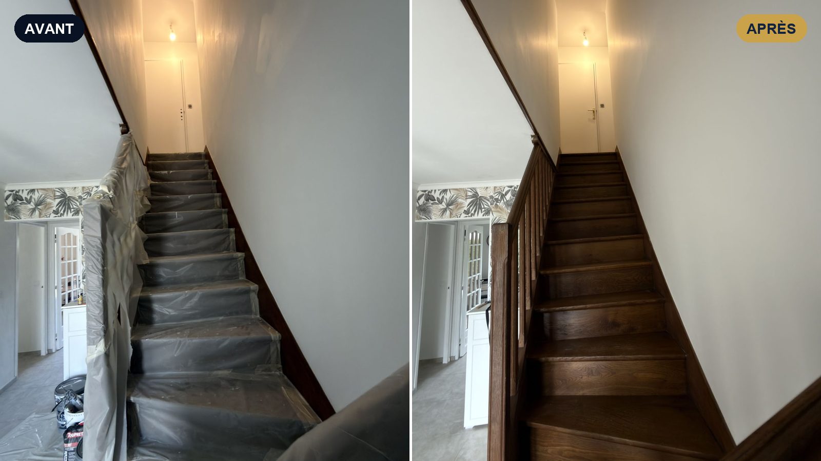 Cage d'escalier en Yvelines avant et après peinture : marches bâchées pendant le chantier, murs blancs et escalier bois à la livraison