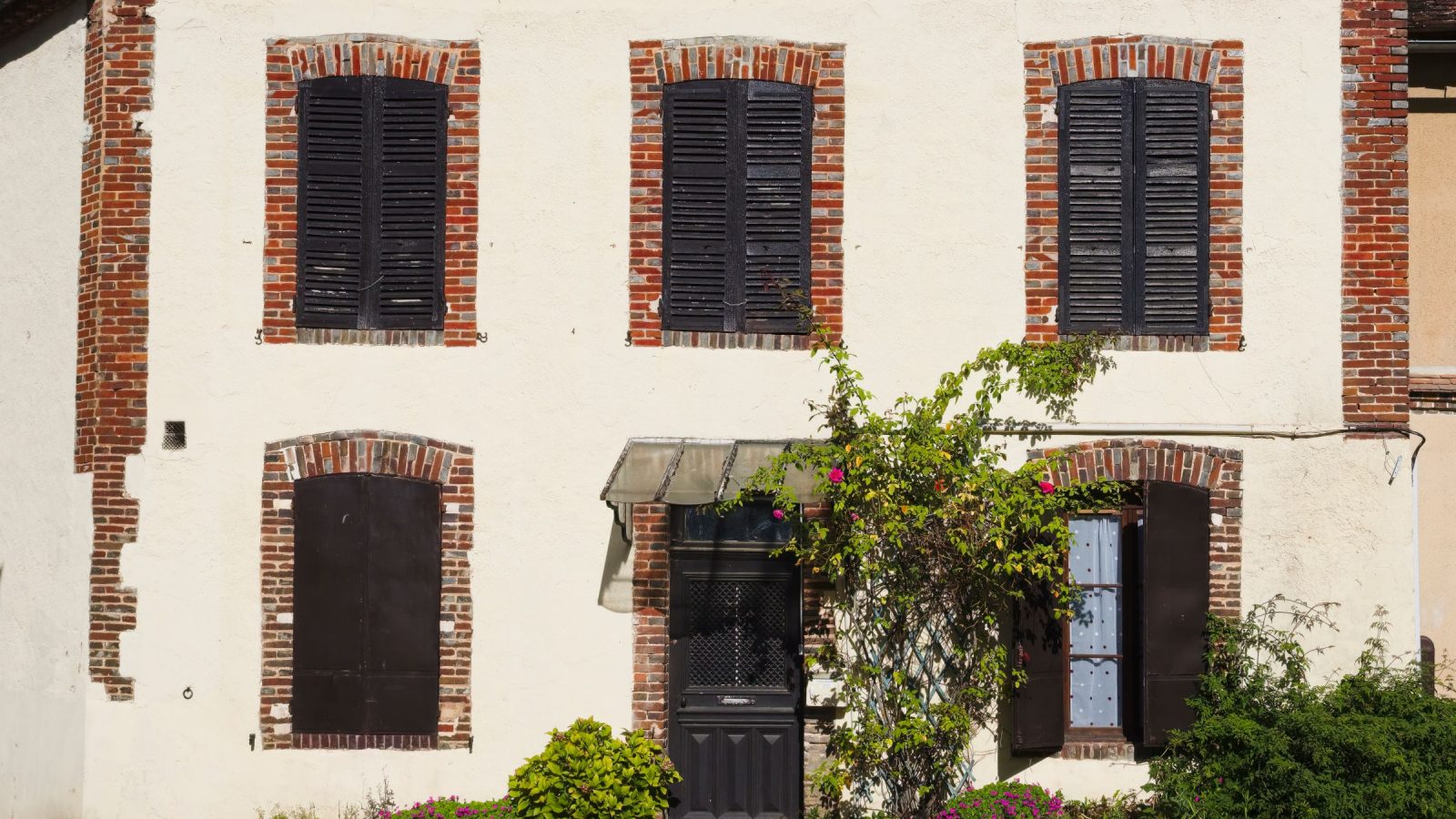 Façade claire en enduit avec volets bois sombres, encadrements de briques rouges et rosier grimpant